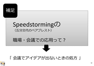補⾜

Speedstormingの
（五分交代のペアブレスト）

職場・会議での応⽤って？

「 会議でアイデアが出ないときの処⽅ 」
50

 