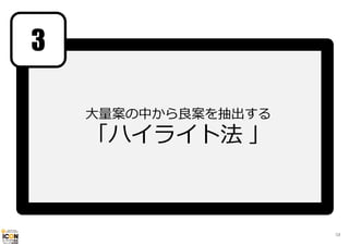 3
⼤量案の中から良案を抽出する

「ハイライト法 」

58

 