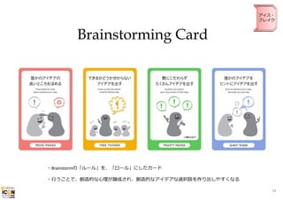 アイス・
ブレイク

Brainstorming Card

・Brainstormの「ルール」を、「ロール」にしたカード
・⾏うことで、創造的な⼼理が醸成され、創造的なアイデアな選択肢を作り出しやすくなる
74

 