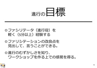 進⾏の

⽬標

━━━━━━━━━━━━━━━━━━━
◎ファシリテータ（進⾏役）を
軽く（5分以上）経験する
◎ファリシテーションの改良点を
⾒出して、⾔うことができる。
◎進⾏のむずかしさを知り、
ワークショップを作る上での感覚を得る。
76

 