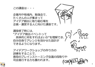 この講座は・・・
企業内や地域内、勉強会で、
たくさんの⼈が集まって
アイデア創出に取り組む場を
企画・運営する⼈に向けた講座です。
講座修了時には、
“アイデア創出イベントって
具体的に何をすればよいか”を理解でき、
⾃分⾃⾝でアレンジを効かせた設計が
できるようになります。
アイデアワークショップの作り⽅の
訓練をすることで、
普段のブレインストーミング会議の段取りや
司会進⾏する⼒も養われます。
9

 