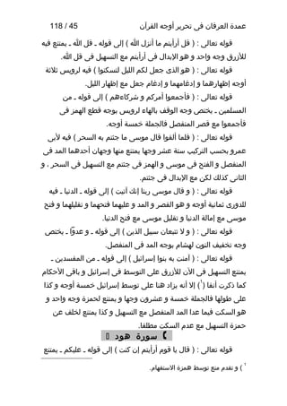 ‫عمدة العرفان فى تحرير أوجه القرآن‬

‫54 / 811‬

‫قوله تعالى : ) قل أرأيتم ما أنزل ا ( إلى قوله ـ قل ا ـ يمتنع فيه‬
‫للرزرق وجه واحد و هو البدال فى أرأيتم مع التسهيل فى قل ا.‬
‫قوله تعالى : ) هو الذى جعل لكم الليل لتسكنوا ( فيه لرويس ةثلةثة‬
‫أوجه إظهارهما و إ دغامهما و إ دغام جعل مع إظهار الليل.‬
‫قوله تعالى : ) فأجمعوا أمركم و شركاءهم ( إلى قوله ـ من‬
‫المسلمين ـ يختص وجه الوقف بالهاء لرويس بوجه قطع الهمز فى‬
‫فأجمعوا مع قصر المنفصل فالجملة خمسة أوجه.‬
‫قوله تعالى : ) فلما ألقوا قال موسى ما جئتم به السحر ( فيه لبى‬
‫عمرو بحسب التركيب ستة عشر وجها يمتنع منها وجهان أحدهما المد فى‬
‫المنفصل و الفتح فى موسى و الهمز فى جئتم مع التسهيل فى السحر ، و‬
‫الثانى كذلك لكن مع البدال فى جئتم.‬
‫قوله تعالى : ) و قال موسى ربنا إنك آتيت ( إلى قوله ـ الدنيا ـ فيه‬
‫للدورى ةثمانية أوجه و هو القصر و المد و عليهما فتحهما و تقليلهما و فتح‬
‫موسى مع إمالة الدنيا و تقليل موسى مع فتح الدنيا.‬
‫قوله تعالى : ) و ل تتبعان سبيل الذين ( إلى قوله ـ و عدوا ـ يختص‬
‫وجه تخفيف النون لهشام بوجه المد فى المنفصل.‬
‫قوله تعالى : ) آمنت به بنوا إسرائيل ( إلى قوله ـ من المفسدين ـ‬
‫يمتنع التسهيل فى الن للرزرق على التوسط فى إسرائيل و باقى الحكام‬
‫1‬

‫كما ذكرت أنفا ) ( إل أنه يزا د هنا على توسط إسرائيل خمسة أوجه و كذا‬
‫على طولها فالجملة خمسة و عشرون وجها و يمتنع لحمزة وجه واحد و‬
‫هو السكت فيما عدا المد المنفصل مع التسهيل و كذا يمتنع لخلف عن‬
‫حمزة التسهيل مع عدم السكت مطلقا.‬

‫) سورة هو د (‬

‫قوله تعالى : ) قال يا قوم أرأيتم إن كنت ( إلى قوله ـ عليكم ـ يمتنع‬
‫1‬

‫( و تقدم منع توسط همزة الستفهام.‬

 