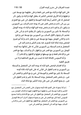 ‫عمدة العرفان فى تحرير أوجه القرآن‬

‫85 / 811‬

‫على فتح الهاء و الياء مع قصر عين فقط و على تقليلهما مع توسط عين‬
‫و طولها و أما الرزرق فيختص التكبير له بتقليل الهاء و الياء و ترقيق ذكر‬
‫فيحصل له على التكبير أربعة أوجه التوسط و الطول فى عين مع الفتح و‬
‫بين بين فى نا دى و يختص قصر عين له بوجه عدم السكت بين السورتين‬
‫و ترقيق ذكر و فتح نا دى و يختص وجه فتح الهاء و الياء له بوجه الوصل‬
‫و البسملة بل تكبير بين السورتين و ترقيق ذكر وفتح نا دى و يأتى على‬
‫تفخيم ذكر وجهان الول السكت بين السورتين مع توسط عين و فتح‬
‫نا دى و الثانى الوصل بينهما مع توسط عين و تقليل نا دى و أما أبو عمرو‬
‫فيختص وجه إمالة الياء للدورى عنه بعدم التكبير و عدم المد فى‬
‫المنفصل و عدم البسملة بين السورتين فيأتى له على إمالتها ستة أوجه‬
‫الوصل بين السورتين مع قصر عين و إظهار ذكر و السكت بينها مع قصر‬
‫1‬

‫عين و ال دغام فقط و مع توسطها و طولها و الظهار و ال دغام ) (.‬
‫و أما السوسى فإمالة الياء له ليست من طريق الشاطبية و ل من‬
‫طريق الطيبة.‬
‫و أما هشام فيختص فتح الياء له بوجه المد فى المنفصل و البسملة‬
‫بين السورتين و عدم الطول فى فيأتى له على فتح الياء ةثلةثة أوجه‬
‫البسملة بل تكبير مع القصر و التوسط فى عين و مع التكبير و القصر فى‬
‫عين ، و يختص قصر المنفصل بوجه البسملة بل تكبير و عدم الطول فى‬
‫عين ، و يمتنع القصر فى عين على وجه التكبير مع إمالة الياء.‬
‫1‬

‫( و كذا يمتنع له على الفتح ةثلةثة أوجه وجهـان علـى القصـر فـى المنفصـل مـع‬
‫ـ ـ‬
‫ـ ـ‬
‫ـ‬
‫ـ‬
‫التكـبير و همـا توسـط عيـن و طولهـا مـع الظهـار فيهمـا و الثـالث الوصـل بيـن‬
‫ـ ـ‬
‫ـ‬
‫ـ‬
‫ـ‬
‫ـ ـ‬
‫ـ‬
‫ـ‬
‫ـ‬
‫ـ‬
‫السورتين مع القصر فى المنفصل مع الطول فى عين مع ال دغـام و هـذا ممتنـع‬
‫ـ‬
‫ـ‬
‫ـ‬
‫للسوسى أيضا لكن مع القصر فى عين و يمتنع له وجهان آخران أحــدها الوصــل‬
‫بين السورتين مع القصر فى المنفصل مع الظهار مع الطول ف ـى عي ـن و الث ـانى‬
‫ـ‬
‫ـ‬
‫ـ‬
‫السكت بينهما مع المد فى المنفصل مع القصر فى عين.‬

 