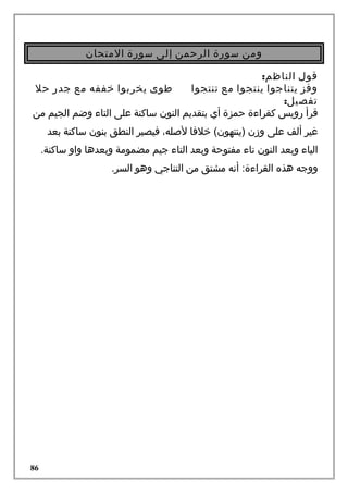 ‫ومن سورة الرحمن إلى سورة المتحان‬
‫قول الناظم:‬
‫طوى يخربوا خففه مع جدر حل‬
‫وفز يتناجوا ينتجوا مع تنتجوا‬
‫تفصيل:‬
‫قرأ رويس كقراءة حمزة أي بتقديم النون ساكنة على التاء وضم الجيم من‬
‫غير ألف على وزن )ينتهون( خلفا لصله، فيصير النطق بنون ساكنة بعد‬
‫الياء وبعد النون تاء مفتوحة وبعد التاء جيم مضمومة وبعدها واو ساكنة.‬
‫ووجه هذه القراءة: أنه مشتق من التناجي وهو السر.‬

‫68‬

 