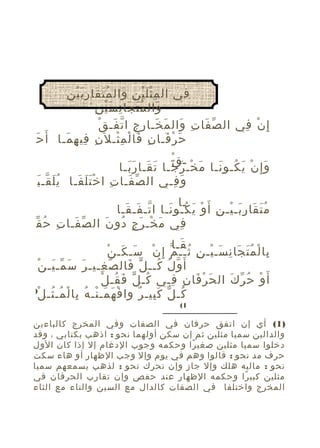 ‫َِْْ ِ َ َُ َ َِْ ِ‬
‫في ال م ث ل ي ن وال م ت قا ر ب ي ن‬
‫َ َُ َ ِ َْ ِ‬
‫وال م ت جا ن س ي ن‬
‫ّ َ ِ َ َ َ ِ ِ ّ َ ْ‬
‫إ ِ ن في ال ص فا ت وال م خـا ر ج ا ت فـ ق‬
‫ْ ِ‬
‫ح ر فـا ن فا ل م ثـ ل َن في ه مـا أ َ حَ‬
‫ِ ِ ِ َ‬
‫َ ْ َ ِ َ ْ ِْ‬
‫ْ‬
‫ـق‬
‫و إ ِ ن ي كـو نـا م خـ ر جـا ت قـا ر بـا‬
‫َ ْ َ ً َ َ ََ‬
‫َ ْ َ ُ َ‬
‫و فـي ال ص فـا تِ ا خ تَ لَ فـا يُ لَ قـ بَ‬
‫ّ‬
‫ْ َ‬
‫ّ َ‬
‫َ ِ‬
‫ـا‬
‫م ت قا ر بـ يـ ن أ َ و يَ كـو نـا ا تـ فـ قـا‬
‫ّ َ َ‬
‫َُ َ َِ ْ ِ ْ ُ َ‬
‫في م خـ ر ج دو نَ ال صّ فـا تِ ح قّ‬
‫ُ‬
‫َ‬
‫َ ْ َ ٍ ُ‬
‫ِ‬
‫قـا‬
‫َ‬
‫َ َ ْ‬
‫با ل م ت جا ن سـ يـ ن ثــ م إ ِ ن سـ كـ ن‬
‫ِ ْ َُ َ ِ َ ْ ِ ُ ّ ْ‬
‫َ ّ َ ْ‬
‫أ َ و ل كــ ل فال ص غـيـ رَ س مـ يـ ن‬
‫ّ ِ‬
‫ّ ُ ُ ّ َ‬
‫ُ ّ َ ُ ْ‬
‫أ َ و ح ر ك ال ح ر فا ن فـي كـ ل ف قـ ل‬
‫َ ْ َ ِ ِ‬
‫ْ ُ ّ َ‬
‫)‬
‫كـ ل ك بيـ ر وا ف ه مـ نـ ه با ل مـ ثـ لْ‬
‫ْ َ َ ْ ُ ِ ْ ُ ُ‬
‫ُ ّ َِ ٌ‬
‫1(‬

‫)1( أي إن اتفق حرفان في الصفات وفي المخرج كالباءين‬
‫والدالين سميا مثلين ثم إن سكن أولهما نحو : اذهب بكتابي ، وقد‬
‫دخلوا سميا مثلين صغي را وحكمه وجوب الدغام إل إذا كان الول‬
‫ً‬
‫حرف مد نحو : قالوا وهم في يوم وإل وجب الظهار أو هاء سكت‬
‫نحو : ماليه هلك وإل جاز وإن تحرك نحو : لذهب بسمعهم سميا‬
‫مثلين كبي را وحكمه الظهار عند حفص وإن تقارب الحرفان في‬
‫ً‬
‫المخرج واختلفا في الصفات كالدال مع السين والتاء مع الثاء‬

 