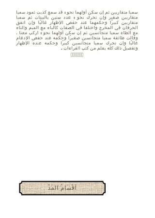 ‫سميا متقاربين ثم إن سكن أولهما نحو : قد سمع كذبت ثمود سميا‬
‫متقاربين صغير وإن تحرك نحو : عدد سنين بالبينات ثم سميا‬
‫متقاربين كبيرًا وحكمهما عند حفص الظهار غال با وإن اتفق‬
‫ً‬
‫الحرفان في المخرج واختلفا في الصفات كالباء مع الميم والتاء‬
‫مع الطاء سميا متجانسين ثم إن سكن أولهما نحو : اركب معنا ،‬
‫وقالت طائفة سميا متجانسين صغيرًا وحكمه عند حفص ال دغام‬
‫غال با وإن تحرك سميا متجانسين كبي را وحكمه عنده الظهار‬
‫ً‬
‫ً‬
‫وتفصيل ذلك كله يعلم من كتب القراءات .‬

‫‪‬‬

‫َ ّ‬
‫أ ق سا م ال م د‬
‫ْ َ ُ‬

 