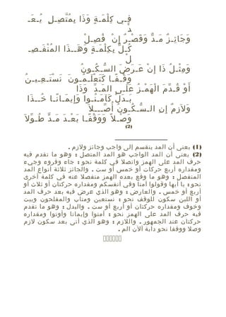 ‫فـي ك ل مـ ة و ذا ب م ت صـ ل يـ عـ‬
‫ِْ َ ٍ َ َ ِ ُّ ِ ٍ ُ َ‬
‫ِ‬
‫ْ‬
‫د‬
‫َ َ ِ ٌ َ ّ َ َ ْ ٌ ْ ُ ِ ْ‬
‫و جا ئـ ز مـ د و ق صـ ر إ ِ ن ف صـ ل‬
‫كـ ل ب ك ل مـ ة و هــ ذا ال م ن فـ صـ‬
‫ُْ َ ِ‬
‫ُ ّ ِ ِْ َ ٍ َ َ َ‬
‫ْ‬
‫ل‬
‫ُ‬
‫و م ثـ ل ذا إ ِ ن عـ ر ض ال سـ كـو ن‬
‫ّ ُ‬
‫ْ َ َ َ‬
‫َ ِْ ُ َ‬
‫و قـ فـا ك ت ع لـ مـو ن ن س تـ عـيـ نُ‬
‫َ َ َْ ِ‬
‫ََ َْ ُ‬
‫َ ْ ً‬
‫أ َ و قـ د م ا ل ه مـ ز ع لـى ال مـ د و ذا‬
‫َ ّ َ َ‬
‫ْ ُ ّ َ ْ َ ْ ُ ََ‬
‫بـ د ل كآ مـ نـوا و إي مـا نـا خــ ذا‬
‫ُ َ‬
‫َِ َ ً‬
‫َ َ ْ َ َ ُ‬
‫و ل َز م إ ِ ن الـ سـ كـو ن أ ُ صـــ ل َ‬
‫ّ‬
‫ُ‬
‫ّ ُ‬
‫َ ِ ٌ ِ‬
‫و صـ ل ً و و ق فـا ب عـ د مـ د طـ و ل َ‬
‫َ َ ْ ً َ ْ َ َ ّ ُ ّ‬
‫َ ْ‬
‫)2(‬

‫)1( يعنى أن المد ينقسم إلى واجب وجائز ولزم .‬
‫)2( يعنى أن المد الواجب هو المد المتصل : وهو ما تقدم فيه‬
‫حرف المد على الهمز واتصل في كلمة نحو : جاء وقروء وجيء‬
‫ومقداره أربع حركات أو خمس أو ست . والجائز ثلثة أنواع المد‬
‫المنفصل : وهو ما وقع بعده الهمز منفصل عنه في كلمة أخرى‬
‫نحو : يا أيها وقولوا آمنا وفي أنفسكم ومقداره حركتان أو ثلث أو‬
‫أربع أو خمس . والعارض : وهو الذي عرض فيه بعد حرف المد‬
‫أو اللين سكون للوقف نحو : نستعين ومتاب والمفلحون وبيت‬
‫وخوف ومقداره حركتان أو أربع أو ست . والبدل : وهو ما تقدم‬
‫فيه حرف المد على الهمز نحو : آمنوا وإيمانا وأوتوا ومقداره‬
‫حركتان عند الجمهور . واللزم : وهو الذي أتى بعد سكون لزم‬
‫وصل ووقفا نحو دابة آلن الم .‬

‫‪‬‬

 