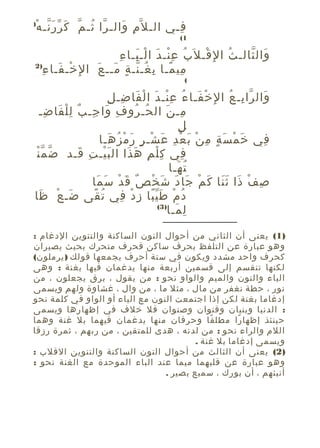 ‫ّ ُ ّ َ ّ َّ ْ‬
‫فـي الـ ل ّم والـ را ثـ م ك ر ر نـ ه‬
‫ِ َ‬
‫ِ‬

‫)‬

‫1(‬

‫ُ ِْ َ ْ َ ِ‬
‫وال ثالـ ث ا لِ قـ ل َب ع نـ د ا لـ بـا ء‬
‫ْ‬
‫ُ‬
‫َ ّ‬
‫مي مـا ب غـ نـ ة مــ عَ ا لِ خـ فـا ءِ‬
‫ْ َ‬
‫ِ ً ِ ُ ّ ٍ َ‬

‫)2‬

‫(‬

‫ْ َ ُ ِْ َ ْ َ ِ ِ‬
‫وال را بـ ع ا لِ خ فـا ء ع نـ د ا ل فا ضـ ل‬
‫َ ّ ِ ُ‬
‫مـ ن ال حـ رو ف وا جـ بٌ ل ل فا ضـ‬
‫ِْ َ ِ‬
‫ِ َ ِ‬
‫ُ ُ‬
‫ِ َ‬
‫ِ‬
‫ل‬
‫في خ م س ة م ن ب ع د عَ شـ ر ر م ز هـا‬
‫ْ ٍ َ ْ ُ َ‬
‫َ ْ َ ٍ ِ ْ َ ْ ِ‬
‫ِ‬
‫ّْ‬
‫في ك ل م ه ذا ال ب يـ ت قـد ضّ م ن‬
‫َْ ِ َ‬
‫ِْ ِ َ َ‬
‫ِ‬
‫ت هـا‬
‫ُ َ‬
‫ص ف ذا ث نا ك م جا د ش خ ص ق د س ما‬
‫ِ ْ َ ََ َ ْ َ َ َ ْ ٌ َ ْ َ َ‬
‫د م ط ي با ز د في ت قى ضـ ع ظا‬
‫َ ْ َ‬
‫ُ ً‬
‫ُ ْ ًَّ ِ ْ ِ‬
‫)3(‬
‫ل مـا‬
‫ِ َ‬
‫)1( يعنى أن الثاني من أحوال النون الساكنة والتنوين الدغام :‬
‫وهو عبارة عن التلفظ بحرف ساكن فحرف متحرك بحيث يصيران‬
‫كحرف واحد مشدد ويكون في ستة أحرف يجمعها قولك ) يرملون(‬
‫لكنها تنقسم إلى قسمين أربعة منها يدغمان فيها بغنة : وهى‬
‫الياء والنون والميم والواو نحو : من يقول ، برق يجعلون ، من‬
‫نور ، حطة نغفر من مال ، مثل ما ، من وال ، غشاوة ولهم ويسمى‬
‫إدغاما بغنة لكن إذا اجتمعت النون مع الياء أو الواو في كلمة نحو‬
‫: الدنيا وبنيان وقنوان وصنوان فل خلف في إظهارها ويسمى‬
‫حينئذ إظها را مطل قا وحرفان منها يدغمان فيهما بل غنة وهما‬
‫ً‬
‫ً‬
‫اللم والراء نحو : من لدنه ، هدى للمتقين ، من ربهم ، ثمرة رزقا‬
‫ويسمى إدغاما بل غنة .‬
‫)2( يعنى أن الثالث من أحوال النون الساكنة والتنوين القلب :‬
‫وهو عبارة عن قلبهما ميما عند الباء الموحدة مع الغنة نحو :‬
‫أنبئهم ، أن بورك ، سميع بصير .‬

 