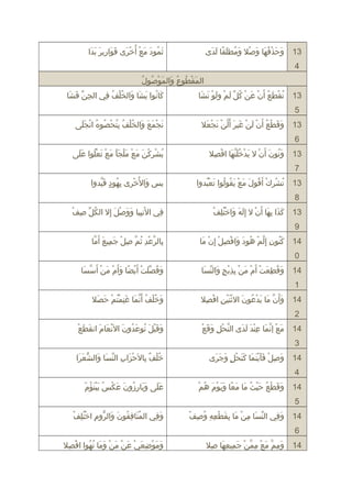 ‫ثمدود اَ مع أ َهُخرى قدوراررير بدرا‬
‫ اَ ُفْ ُفْ  اَ  اَ  اَ يِ  اَ  اَ  اَ‬
‫ اَ َهُ‬

‫31 وحذفه ا وصال وملطلق ا لدى‬
‫ اَ  اَ ُفْ َهُ  اَ  اَ ُفْ  اَ َهُ  اَ  اً  اَ  اَ‬
‫4‬

‫ اَ ُفْ َهُ َهُ  اَ  اَ ُفْ َهُ َهُ‬
‫رالمقلطدوع ورالمدوصدول‬
‫31 تقلطع أ  اَن عن كل لم ولدو نش ا‬
‫َهُ ُفْ  اَ َهُ ُفْ  اَ ُفْ َهُ  ِّ  اَ ُفْ  اَ ُفْ  اَ  اَ‬

‫ك اندورا ريش ا ورالخلف ف ي رالجن ف اَش ا‬
‫يِ  ِّ  اَ‬
‫ اَ َهُ  اَ  اَ  اَ َهُ ُفْ َهُ يِ‬

‫5‬
‫31 وقلطع أ  اَن لن غرير أ  اَلن نجعال‬
‫ اَ  اَ ُفْ َهُ ُفْ  اَ ُفْ  اَ  اَ نَّ ُفْ  اَ ُفْ  اَ‬

‫نجمع ورالخلف بتحصدوه رانجلى‬
‫ اَ ُفْ  اَ  اَ  اَ َهُ ُفْ َهُ يِ َهُ ُفْ َهُ َهُ ُفْ  اَ  اَ‬

‫6‬
‫31 وندون أ  اَن ل ريدخلنه ا رافصال‬
‫ اَ َهُ  اَ ُفْ  اَ ُفْ َهُ  اَ نَّ  اَ ُفْ يِ‬

‫ريشريِكن اَ مع ملجأ مع تعلدورا على‬
‫ اَ  اَ‬
‫َهُ ُفْ ُفْ  اَ ُفْ  اَ ُفْ  اَ  اَ  اَ ُفْ  اَ ُفْ َهُ‬

‫7‬
‫31 تشرك أ  اَقدول اَ مع ريقدولدورا تعبدورا‬
‫ اَ ُفْ  اَ َهُ َهُ  اَ ُفْ َهُ‬
‫َهُ ُفْ ُفْ َهُ‬

‫ريس ورال َهُخرى بهدود قريدورا‬
‫يِ َهُ  ٍ  اَ نَّ‬
‫ اَ ُفْ‬

‫8‬
‫ اَ  اَ  اَ ُفْ َهُ يِ ُفْ‬
‫31 كذرا به ا أ  اَن ل إ يِله وراختلف‬
‫ اَ  اَ يِ  اَ ُفْ‬

‫َهُ  ِّ يِ ُفْ‬
‫ف ي رالنبري ا ووصل إل رالكل صف‬
‫يِ‬
‫ اَ يِ  اَ  اَ ُفْ  اَ يِ‬

‫9‬
‫41 كندون إ يِلم هدود ورافصل إ يِن م ا‬
‫ اَ َهُ يِ نَّ ُفْ َهُ  اَ  اَ ُفْ يِ ُفْ ُفْ  اَ‬

‫ب الرعد ثم صل جمريع أ  اَم ا‬
‫يِ نَّ ُفْ يِ َهُ نَّ يِ ُفْ  اَ يِ  اَ نَّ‬

‫0‬
‫41 وقلطعت أ  اَم من بذبح ورالنس ا‬
‫ اَ َهُ يِ  اَ ُفْ ُفْ  اَ ُفْ يِ يِ ُفْ  ٍ  اَ  ِّ  اَ‬

‫وفص ِّلت أ  اَريض ا وأ  اَم منُفْ أ  اَسس ا‬
‫نَّ  اَ‬
‫ اَ َهُ  اَ ُفْ ُفْ  اً  اَ ُفْ  اَ‬

‫1‬
‫41 وأ  اَن م ا ريدعدون رالثنرين رافصال‬
‫ اَ نَّ  اَ  اَ ُفْ َهُ  اَ ُفْ  اَ ُفْ يِ ُفْ يِ‬

‫وخلف أ  اَنم ا غنمتم حصال‬
‫ اَ َهُ ُفْ َهُ نَّ  اَ  اَ يِ ُفْ َهُ ُفْ  اَ  اَ‬

‫2‬
‫نَّ ُفْ يِ  اَ  اَ ُفْ‬
‫41 مع إنم ا عند لدى رالنحل وقع‬
‫ اَ ُفْ نَّ  اَ يِ ُفْ  اَ  اَ  اَ‬

‫ اَ  اَ  اَ  اَ ُفْ‬
‫وقبل اَ تدوعدون رال ُفْ اَنع ام رانقلطع‬
‫ اَ  اَ ُفْ َهُ  اَ َهُ  اَ‬

‫3‬
‫41 وصل فأرينم ا كنحل وجرى‬
‫ اَ يِ ُفْ  اَ  اَ ُفْ  اَ  اَ  اَ  اَ ُفْ  ٍ  اَ  اَ  اَ‬

‫خلف ب ال  اَحزراب رالنس ا ورالشعررا‬
‫َهُ ُفْ ب ٌ يِ ُفْ  اَ يِ  ِّ  اَ  اَ ُّ  اَ  اَ‬

‫4‬
‫ اَ  اَ ُفْ َهُ  اَ ُفْ َهُ  اَ  اَ  اً  اَ  اَ ُفْ  اَ َهُ ُفْ‬
‫41 وقلطع حريث م ا مع ا وريدوم هم‬

‫ اَ  اَ يِ َهُ  اَ  اَ ُفْ َهُ  اَ ُفْ  اَ َهُ ّ‬
‫على وب ارزون عكس ريبنؤم‬
‫ اَ  اَ‬

‫5‬
‫ ِّ  اَ يِ ُفْ  اَ يِ  اَ ُفْ يِ يِ َهُ يِ ُفْ‬
‫41 وف ي رالنس ا من م ا بقلطعه وصف‬
‫ اَ يِ‬

‫َهُ  اَ يِ َهُ  اَ  اَ ُّ يِ ُفْ َهُ يِ ُفْ‬
‫وف ي رالمن افقدون ورالروم راختلف‬
‫ اَ يِ‬

‫6‬
‫41 ومم مع ممن جمريعه ا صال‬
‫ اَ يِ نَّ  اَ ُفْ يِ نَّ ُفْ  اَ يِ يِ  اَ يِ‬

‫ومدوضع ي عنُفْ منُفْ وم ا نهدورا رافُفْصال‬
‫يِ‬
‫ اَ  اَ ُفْ يِ  اَ ُفْ  اَ  اَ  اَ  اَ َهُ َهُ‬

 