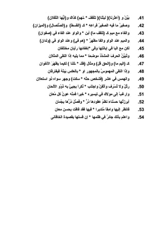 ‫14.‬

‫بين و )أعثرنا() لبثنا() تثقفنـ * ـنهم( كذاك و)أيها الثقل(ن(‬
‫ُّ‬
‫َ نِّ  و ْ‬

‫24.‬

‫وصفير ما فيه الصفير فراعه * كـ )القسط( و)الصصلصال( و)الميزا(ن(‬
‫نِّ‬
‫* ِ * ِ‬
‫ ُ‬
‫ ُ‬

‫34.‬

‫والفاء مع ميم كـ )تصلقف ما( أبن * والواو عند الفاء في )صفوا(ن(‬

‫44.‬

‫والميم عند الواو والفا مظهر * )هم في( وعند الواو في )ولدا(ن(‬
‫ ٌ‬

‫54.‬

‫لكن مع البا في إبانتها وفى *إخفائها رأيا(ن مختصلفا(ن‬
‫َ * ِ‬

‫64.‬

‫وتبين الحرف المشدد موضحا * مما يصليه إذا التقى المثل(ن‬
‫* ِ َ‬
‫َّ  ُ‬
‫َ‬
‫ ُ َ نِّ  ُ‬

‫74.‬

‫َ َ َ * ِ‬
‫كـ )اليم ما( و)الحق قل( ومثال )ظصلـ * ـصلصلنا ( لكيما يظهر الخوا(ن‬

‫84.‬

‫وإذا التقى المهموس بالمجهور او * بالعكس بينه فيفترقا(ن‬
‫* ِ‬
‫َ * ِ  و ْ  ُ‬
‫ ُ‬

‫94.‬

‫والهمس في عشر )فشخص حثه * سكت( وجهر سواه ذو استعل(ن‬

‫05.‬

‫رتل ول تسرف وأتقن واجتنب * نكرا يجيئ به ذوو اللحا(ن‬
‫ ُ َ  ُ‬
‫ ُ َ‬
‫ و ْ * ِ  و ْ‬
‫ ُ  و ْ * ِ‬
‫نِّ  و ْ‬

‫15.‬

‫وارغب إلى مولك في تيسيره * خيرا فمنه عو(ن كل معا(ن‬
‫ ُ‬
‫ ُ‬
‫* ِ  و ْ‬
‫َ  و ْ‬

‫25.‬

‫أبرزتها حسناء نظم عقودها در * وفصل درها بجما(ن‬
‫* ِ  ُ ُّ  ُ نِّ َ  ُ ُّ * ِ  ُ‬
‫ و ْ َ  ُ‬
‫ و ْ  ُ‬

‫35.‬

‫فانظر إليها وامقا متدبرا * فيها فقد فاقت بحسن معا(ن‬
‫* ِ َ  ُ‬

‫45.‬

‫واعصلم بأنك جائر في ظصلمها * إ(ن قستها بقصيدة الخاقانى‬
‫ ُ‬

 