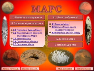 2.1 Геологічна будова Марсу
2.2 Температурний режим та
атмосфера на Марсі
2.3 Рельєф Марсу
2.4 Сучасна карта Марсу
2.5 Супутники Марсу

3.1 Вода на Марсі
3.2 Долина Маринера та
льодові утворення
3.3 Найбільші області Марсу

 