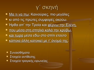 γ΄ σκηνή











Μα τι να πω; Καινούριες, πιο μεγάλες
κι από τις πρώτες συμφορές ακούω.
Ήρθα απ’ την Τροία και φέρνω την Ελένη,
που μέσα στη σπηλιά καλά την κρύβω,
και τώρα μέσα εδώ στο σπίτι ετούτο
κάποια άλλη κατοικεί με τ’ όνομά της.
Συναισθήματα
Στοιχείο αντίθεσης
Στοιχείο τραγικής ειρωνείας

 