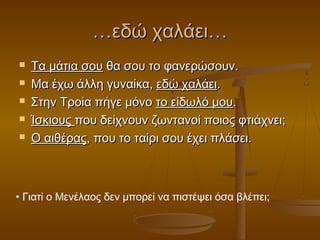…εδώ χαλάει…






Τα μάτια σου θα σου το φανερώσουν.
Μα έχω άλλη γυναίκα, εδώ χαλάει.
Στην Τροία πήγε μόνο το είδωλό μου.
Ίσκιους που δείχνουν ζωντανοί ποιος φτιάχνει;
Ο αιθέρας, που το ταίρι σου έχει πλάσει.

• Γιατί ο Μενέλαος δεν μπορεί να πιστέψει όσα βλέπει;

 