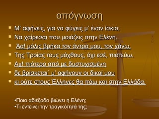 απόγνωση








Μ’ αφήνεις, για να φύγεις μ’ έναν ίσκιο;
Να χαίρεσαι που μοιάζεις στην Ελένη.
Άα! μόλις βρήκα τον άντρα μου, τον χάνω.
Της Τροίας τους μόχθους, όχι εσέ, πιστεύω.
Αχ! πιότερο από με δυστυχισμένη
δε βρίσκεται˙ μ’ αφήνουν οι δικοί μου
κι ούτε στους Έλληνες θα πάω και στην Ελλάδα.
•Ποιο αδιέξοδο βιώνει η Ελένη;
•Τι εντείνει την τραγικότητά της;

 