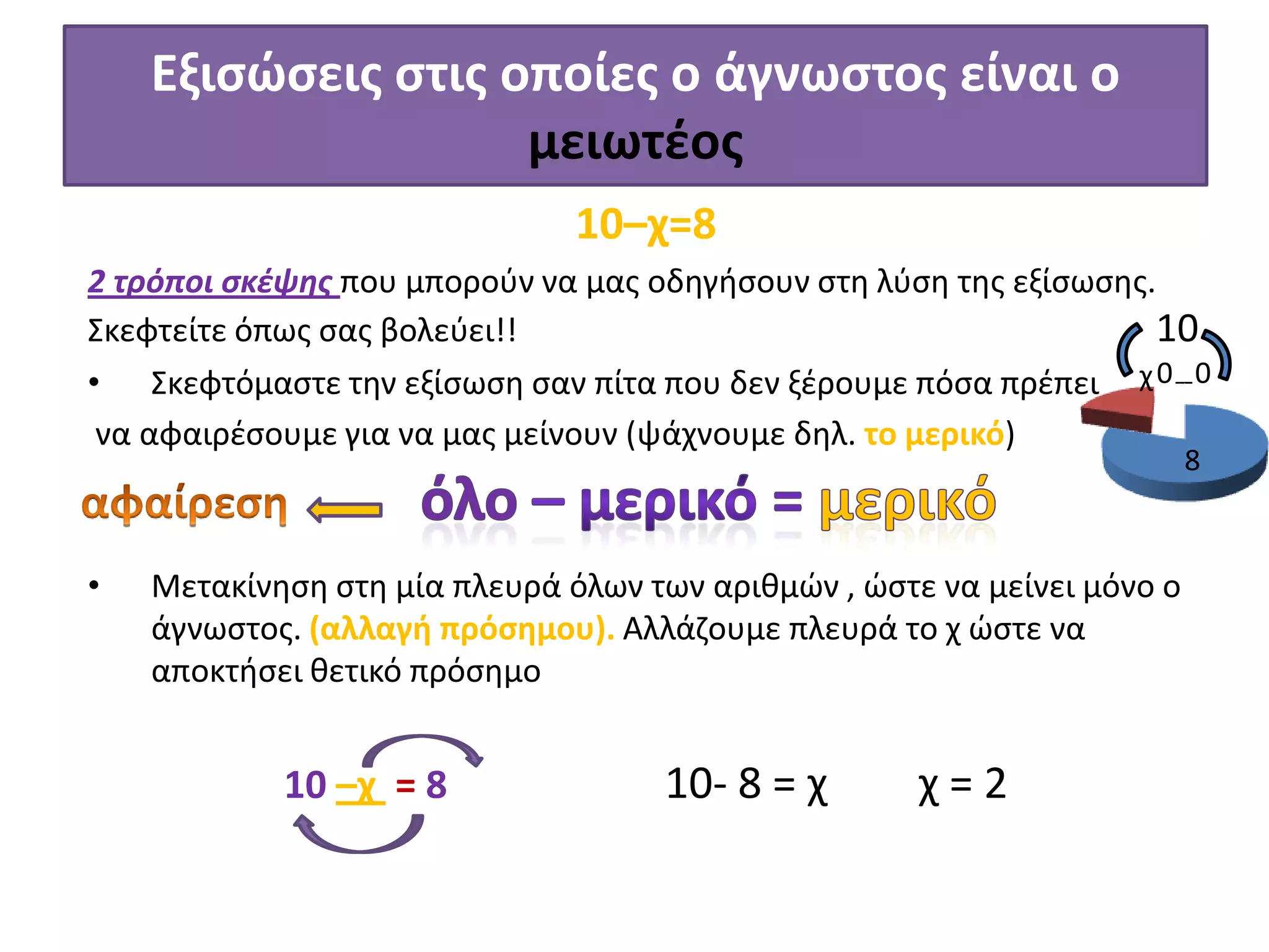 Εξιςώςεισ ςτισ οποίεσ ο άγνωςτοσ είναι o
μειωτζοσ
10–χ=8
2 τρόποι ςκέψησ που μποροφν να μασ οδθγιςουν ςτθ λφςθ τθσ εξίςωςθσ.
Σκεφτείτε όπωσ ςασ βολεφει!!
10
• Σκεφτόμαςτε τθν εξίςωςθ ςαν πίτα που δεν ξζρουμε πόςα πρζπει χ 0 0
να αφαιρζςουμε για να μασ μείνουν (ψάχνουμε δθλ. το μερικό)
8

•

Μετακίνθςθ ςτθ μία πλευρά όλων των αρικμϊν , ϊςτε να μείνει μόνο ο
άγνωςτοσ. (αλλαγι πρόςθμου). Αλλάηουμε πλευρά το χ ϊςτε να
αποκτιςει κετικό πρόςθμο

10 –χ = 8

10- 8 = χ

χ=2

 