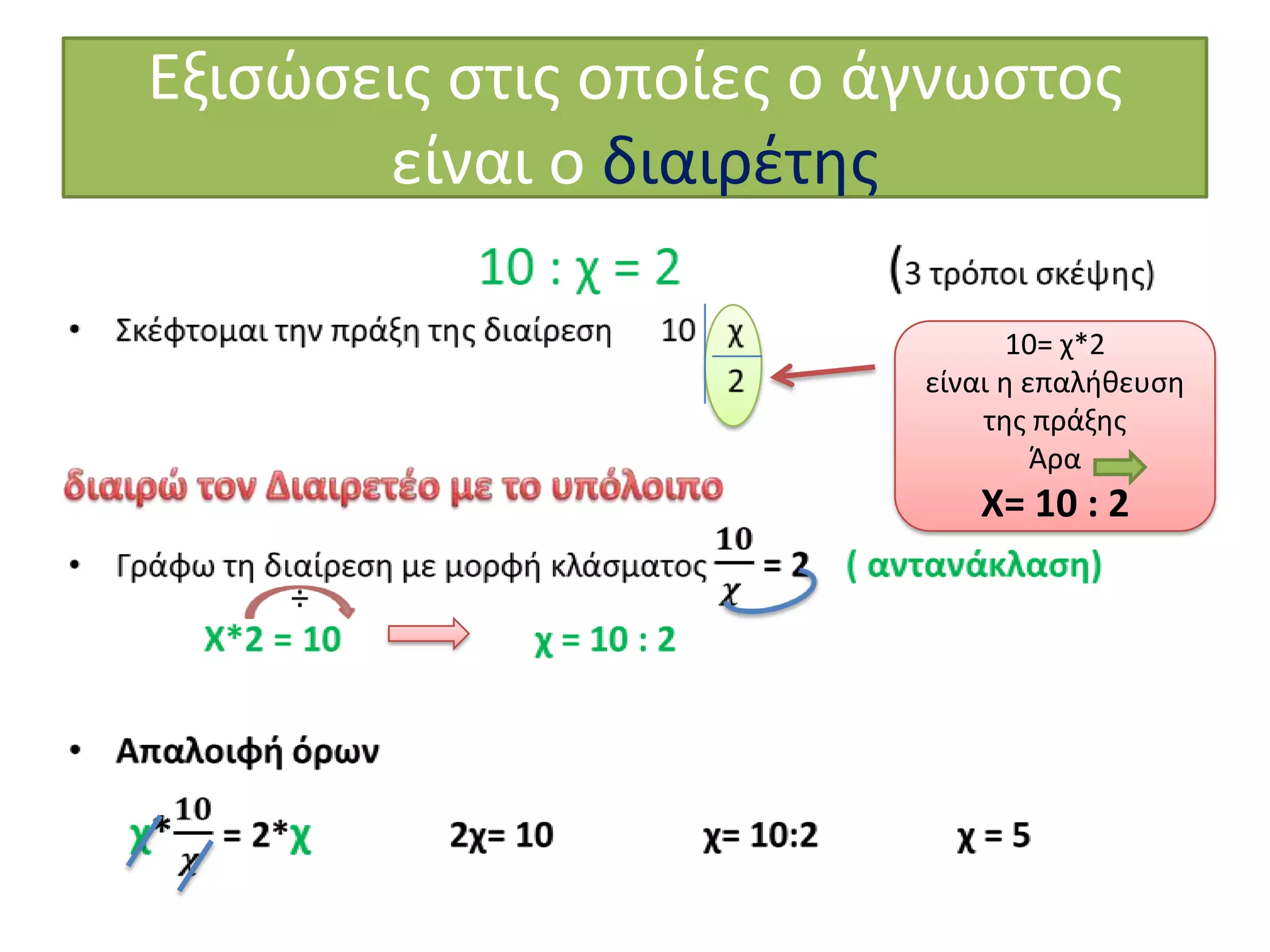 Εξιςϊςεισ ςτισ οποίεσ ο άγνωςτοσ
είναι ο διαιρζτθσ
10= χ*2
είναι θ επαλικευςθ
τθσ πράξθσ
Άρα

Χ= 10 : 2

 