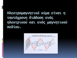 Ηλεκτρομαγνητικό κύμα είναι η
ταυτόχρονη διάδοςη ενόσ
ηλεκτρικού και ενόσ μαγνητικού
πεδίου.

 