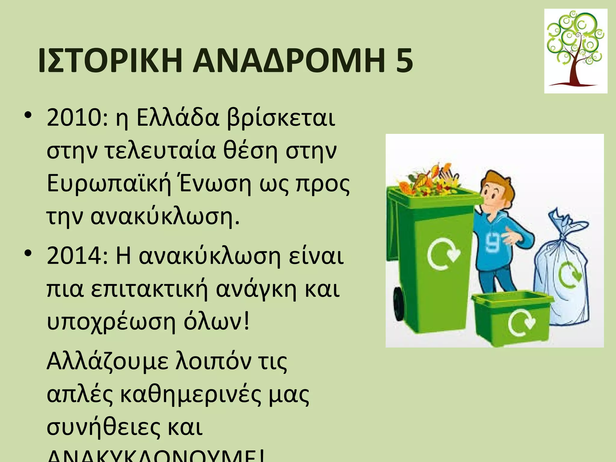 ΙΣΤΟΡΙΚΗ ΑΝΑΔΡΟΜΗ 5
• 2010: η Ελλάδα βρίσκεται
στην τελευταία θέση στην
Ευρωπαϊκή Ένωση ως προς
την ανακύκλωση.
• 2014: Η ανακύκλωση είναι
πια επιτακτική ανάγκη και
υποχρέωση όλων!
Αλλάζουμε λοιπόν τις
απλές καθημερινές μας
συνήθειες και

 