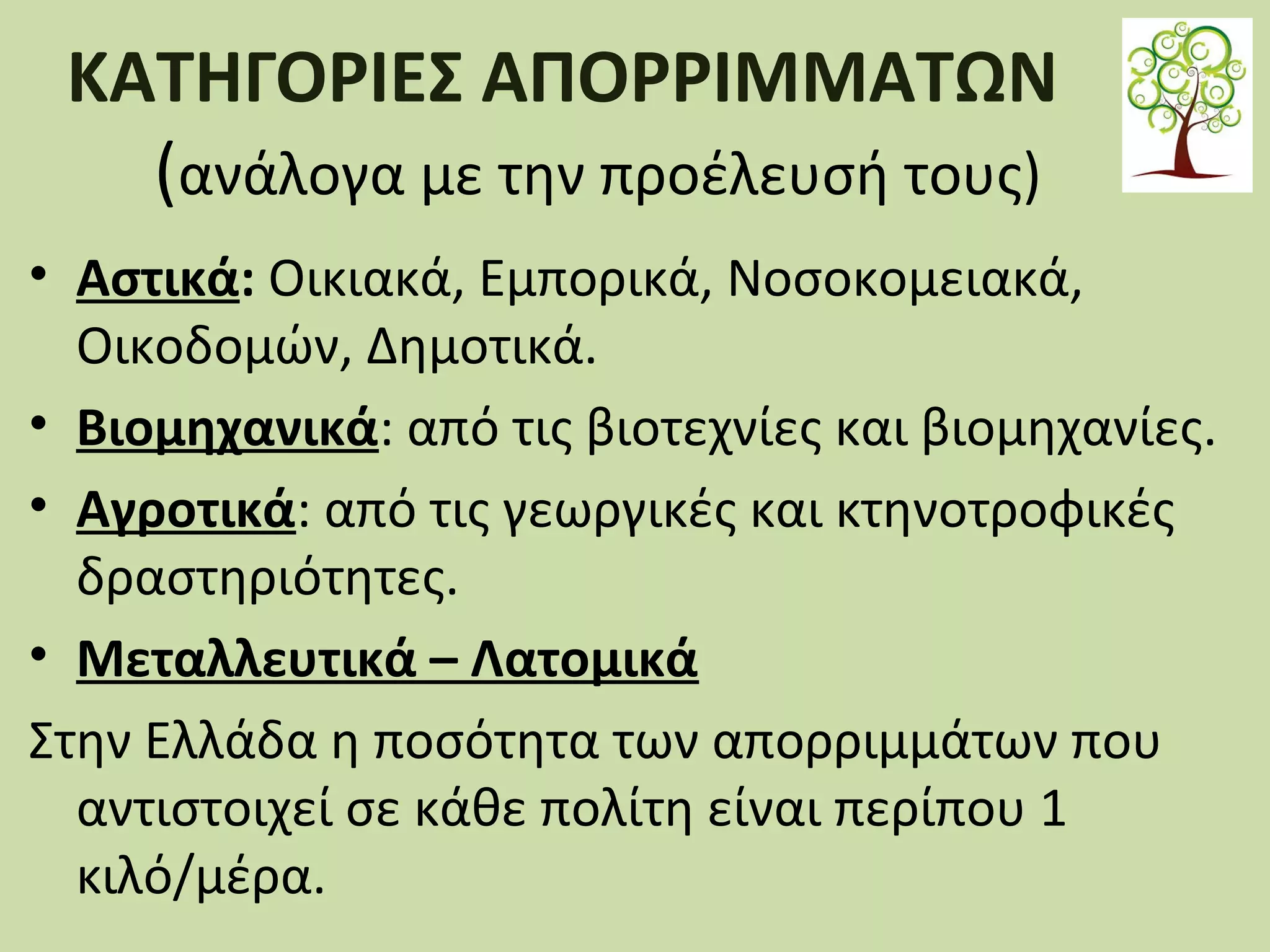 ΚΑΤΗΓΟΡΙΕΣ ΑΠΟΡΡΙΜΜΑΤΩΝ
(ανάλογα με την προέλευσή τους)
• Αστικά: Οικιακά, Εμπορικά, Νοσοκομειακά,
Οικοδομών, Δημοτικά.
• Βιομηχανικά: από τις βιοτεχνίες και βιομηχανίες.
• Αγροτικά: από τις γεωργικές και κτηνοτροφικές
δραστηριότητες.
• Μεταλλευτικά – Λατομικά
Στην Ελλάδα η ποσότητα των απορριμμάτων που
αντιστοιχεί σε κάθε πολίτη είναι περίπου 1
κιλό/μέρα.

 