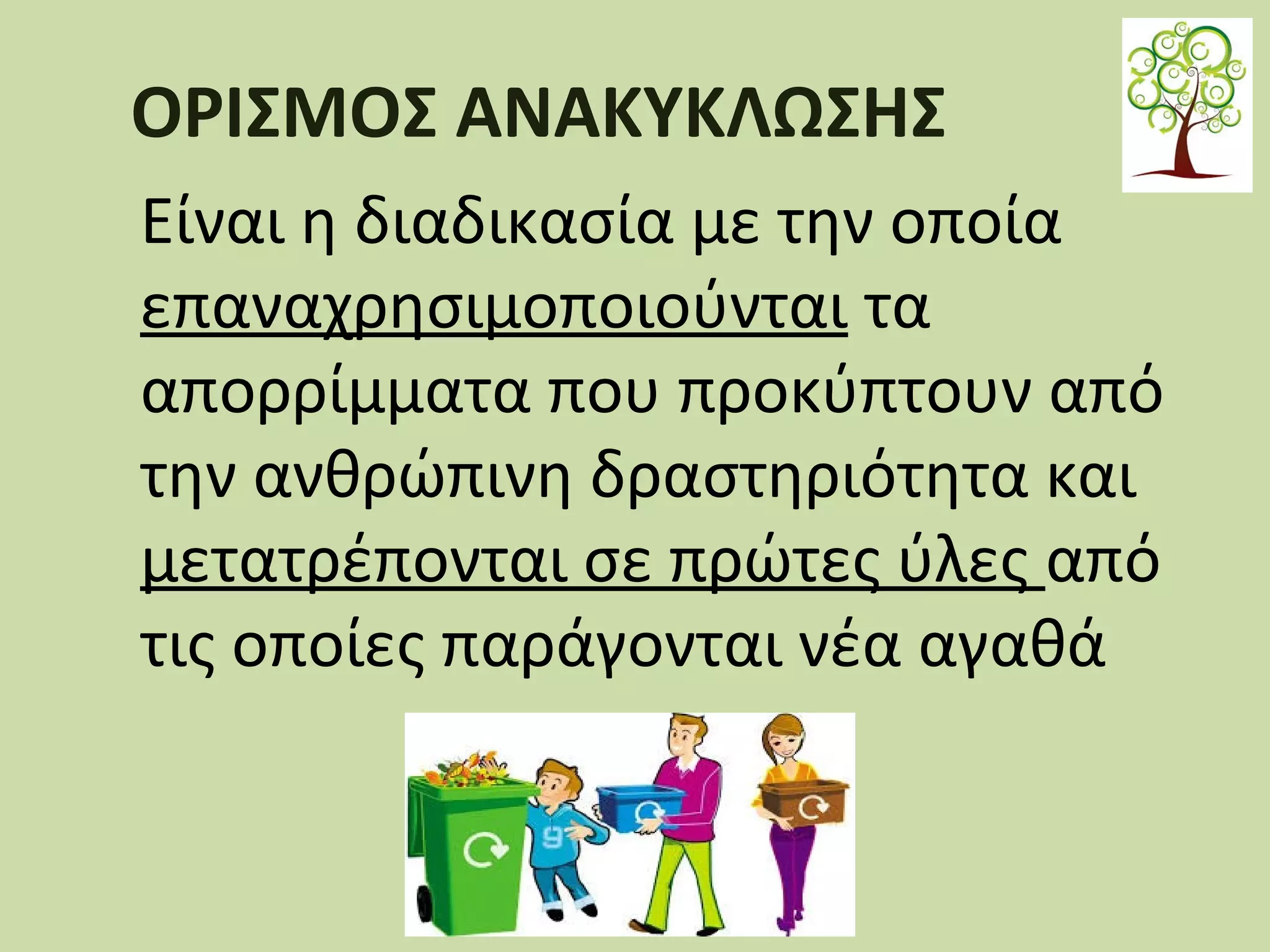 ΟΡΙΣΜΟΣ ΑΝΑΚΥΚΛΩΣΗΣ
Είναι η διαδικασία με την οποία
επαναχρησιμοποιούνται τα
απορρίμματα που προκύπτουν από
την ανθρώπινη δραστηριότητα και
μετατρέπονται σε πρώτες ύλες από
τις οποίες παράγονται νέα αγαθά

 