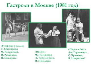 Гастроли в Москве (1981 год)

«Гусарская баллада»
Т. Хренникова.
М. Козловский,
И. Румянцева,
Н. Шикарева

«Ивайло»
М. Големинова.
В. Черноморцев,
И. Николаева

«Порги и Бесс»
Дж. Гершивина.
С. Чумакова,
В. Навротский

 