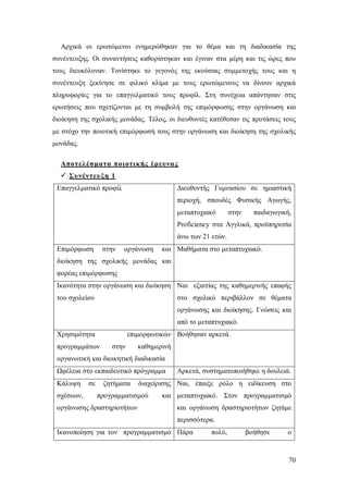 Αρχικά οι ερωτώμενοι ενημερώθηκαν για το θέμα και τη διαδικασία της
συνέντευξης. Οι συναντήσεις καθορίστηκαν και έγιναν στα μέρη και τις ώρες που
τους διευκόλυναν. Τονίστηκε το γεγονός της εκούσιας συμμετοχής τους και η
συνέντευξη ξεκίνησε σε φιλικό κλίμα με τους ερωτώμενους να δίνουν αρχικά
πληροφορίες για το επαγγελματικό τους προφίλ. Στη συνέχεια απάντησαν στις
ερωτήσεις που σχετίζονται με τη συμβολή της επιμόρφωσης στην οργάνωση και
διοίκηση της σχολικής μονάδας. Τέλος, οι διευθυντές κατέθεσαν τις προτάσεις τους
με στόχο την ποιοτική επιμόρφωσή τους στην οργάνωση και διοίκηση της σχολικής
μονάδας.
Αποτελέσματα ποιοτικής έρ ευνα ς
 Συνέντευ ξη 1
Επαγγελματικό προφίλ

Διευθυντής Γυμνασίου σε ημιαστική
περιοχή, σπουδές Φυσικής Αγωγής,
μεταπτυχιακό

στην

παιδαγωγική,

Proficiency στα Αγγλικά, προϋπηρεσία
άνω των 21 ετών.
Επιμόρφωση

στην

οργάνωση

και Μαθήματα στο μεταπτυχιακό.

διοίκηση της σχολικής μονάδας και
φορέας επιμόρφωσης
Ικανότητα στην οργάνωση και διοίκηση Ναι εξαιτίας της καθημερινής επαφής
του σχολείου

στο σχολικό περιβάλλον σε θέματα
οργάνωσης και διοίκησης. Γνώσεις και
από το μεταπτυχιακό.

Χρησιμότητα

επιμορφωτικών Βοήθησαν αρκετά.

προγραμμάτων

στην

καθημερινή

οργανωτική και διοικητική διαδικασία
Ωφέλεια στο εκπαιδευτικό πρόγραμμα
Κάλυψη
σχέσεων,

σε

ζητήματα

διαχείρισης Ναι, έπαιξε ρόλο η ειδίκευση στο

προγραμματισμού

οργάνωσης δραστηριοτήτων

Αρκετά, συστηματοποιήθηκε η δουλειά.

και μεταπτυχιακό. Στον προγραμματισμό
και οργάνωση δραστηριοτήτων ζητάμε
περισσότερα.

Ικανοποίηση για τον προγραμματισμό Πάρα

πολύ,

βοήθησε

ο

70

 