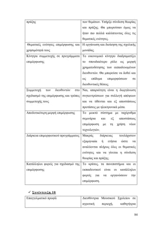πράξης

των θεμάτων. Υπήρξε σύνδεση θεωρίας
και πράξης. Θα μπορούσαν όμως να
ήταν πιο πολλά καλύπτοντας όλες τις
θεματικές ενότητες.

Θεματικές ενότητες επιμόρφωσης και Η οργάνωση και διοίκηση της σχολικής
χρησιμότητά τους

μονάδας.

Κίνητρα συμμετοχής σε προγράμματα Το οικονομικό κίνητρο διαδραματίζει
επιμόρφωσης

το

σπουδαιότερο

ρόλο

ως

μορφή

χρηματοδότησης των εκπαιδευομένων
διευθυντών. Θα μπορούσε να δοθεί και
ως

επίδομα

επιμορφώσεων

σε

διευθυντικές θέσεις.
Συμμετοχή

των

διευθυντών

στο Ναι, απαραίτητη είναι η διοργάνωση

σχεδιασμό της επιμόρφωσης και τρόπος συγκεντρώσεων για συλλογή απόψεων
συμμετοχής τους

και να τίθενται και εξ αποστάσεως
προτάσεις με ηλεκτρονικά μέσα.

Αποδοτικότερη μορφή επιμόρφωσης

Το μεικτό σύστημα με ταχύρυθμα
σεμινάρια

και
με

επιμόρφωση

εξ

αποστάσεως

τη

χρήση

νέων

τεχνολογιών.
Διάρκεια επιμορφωτικού προγράμματος Μακράς

διάρκειας

εξαμηνιαία

ή

τουλάχιστον

ετήσια

ώστε

να

αναλύονται πλήρως όλες οι θεματικές
ενότητες και να γίνεται η σύνδεση
θεωρίας και πράξης.
Κατάλληλοι φορείς για σχεδιασμό της To κράτος, τα πανεπιστήμια και οι
επιμόρφωσης

εκπαιδευτικοί

είναι

φορείς

να

για

οι

κατάλληλοι

οργανώσουν

την

επιμόρφωση.

 Συνέντευ ξη 10
Επαγγελματικό προφίλ

Διευθύντρια Μουσικού Σχολείου σε
αγροτική

περιοχή,

καθηγήτρια
84

 