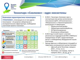 Технопарк «Сколково» - ядро экосистемы
Оборудование
и лаборатории
 В 2012 г. Технопарк «Сколково» ввел в
эксплуатацию три центра коллективного
пользования (ЦКП): «Оптоэлектроника»,
«Микроанализ» и «Прототипирование»,
включающего 4 лаборатории:
 Промышленный дизайн;
 Лаборатория механообработки;
 3D Прототипирование;
 Инженерная лаборатория.
 В 2013 году по всей стране с участием
региональных подразделений РАН и НИИ было
аккредитовано 14 ЦКП, предоставляющих
доступ к необходимому оборудованию нашим
участникам.
 Аренда офисных и лабораторных площадей на
территории инновационного центра Сколково:
 офисный центр Технопарк, середина
2014 г., 15 тыс. кв. м.
 Технопарк, 1-ая очередь, корпус 3,
середина 2015 г., 92 тыс. кв. м.
Ключевая характеристика технопарка
«Сколково», отличающая его от всех других
технопарков – это развитая лабораторная и
исследовательская инфраструктура, необходимая
участникам проекта «Сколково».


Аренда офисных
помещений
Исследовательская
и лабораторная
инфраструктура
Сообщество
инноваторов
Международное
сотрудничество
Технопарк
Кембриджа Гонконг
Рисерч
Триангл
Эйндховен
Цюрих
Функционал


    



   
 
 ± ±
± ±
±
± ±
±
Оказываются технопарком Могут быть предоставлены через
посредничество технопарка
Не оказываются технопарком
e-mail: rst@startupvillage.ru
rst.startupvillage.ru Call-центр: 8 800 700 11 92 19
 