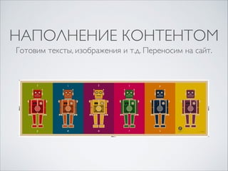 НАПОЛНЕНИЕ КОНТЕНТОМ
Готовим тексты, изображения и т.д. Переносим на сайт.

 