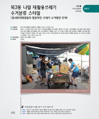 우마프전시물내지 2014.1.21 1:30 PM 페이지103

프린텍1

유형 ❶
주민모임형성
지원사업

● 사업목적
● 사업내용

● 주민모임명
● 대표자

양천구

동네 취약계층들의 협동적인 재활용 쓰레기 수거방안 모색
쓰레기 수거자들 파악/수거된 쓰레기 처리방법/재활용 쓰레기들의 정당한 가격 환산 기준/재활용 쓰레기들의 공동 집하장
마련 방안/재활용 분리배출에 대한 조사/효율적인 재활용 쓰레기 수거 방법 모색을 진행. 동네에서 재활용 쓰레기를 줍는
주민들의 경제적인 자립에 기여. 일반 시민의 시각도 지역 환경미화 및 개선에 중요한 역할을 담당하는 한 시민으로 인정하
고 존중할 수 있는 사회가 되길 기대.
목3동 나말 재활용 스타일
박성숙

<한 수레 가득 재활용품을 가지고 집하장에 도착>

모임회원들의 한줄 평가~ (나도 한마디!)

103

최화자 움직일 수 있을 때까지는 열심히 재활용 쓰레기를 주워서 생활에 보탬도 되고, 자식에게도 당당히..
이주영 재활용 쓰레기에 대해서 진지하게 생각해 볼 수 있는 기회였고, 많은 공부가 되었습니다.
최경숙 재활용 쓰레기 줍는 분들이 힘들게 일해서 좀 더 낳은 댓가를 받도록 개선되었으면 합니다.

 