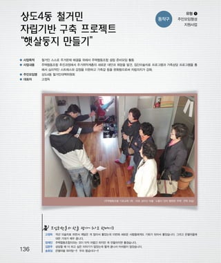 우마프전시물내지 2014.1.21 1:35 PM 페이지136

프린텍1

동작구

유형 ❶
주민모임형성
지원사업

● 사업목적

철거민 스스로 주거문제 해결을 위해서 주택협동조합 설립 준비모임 활동

● 사업내용

주택협동조합 추진과정에서 주거취약계층의 새로운 대안과 희망을 발견. 집단미술치료 프로그램과 가족상담 프로그램을 통
해서 심리적인 스트레스와 감정을 이완하고 가족갈 등을 완화함으로써 자립의지가 강화.

● 주민모임명

상도4동 철거민대책위원회

● 대표자

고정득

<주택협동조합 기초교육 1회 : 마포 성미산 마을
‘소통이 있어 행복한 주택’
견학 모습>

모임회원들의 한줄 평가~ (나도 한마디!)

136

고정득 작년 미술치료 하면서 깨달은 게 많아서 좋았는데 이번에 새로운 사람들에게도 기회가 되어서 좋았습니다. 그리고 은별마을에
대한 기대가 매우 큽니다.
양재인 주택협동조합이라는 것이 아직 어렵긴 하지만 꼭 만들어지면 좋겠습니다.
김문주 상담할 때 더 하고 싶은 이야기가 많았는데 짧게 끝나서 아쉬움이 많았습니다.
송호임 은별마을 파이팅~!! 우리 힘냅시다~!!

 