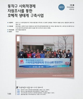 우마프전시물내지 2014.1.21 1:36 PM 페이지144

프린텍1

동작구

유형 ❶
주민모임형성
지원사업

● 사업목적

동작구 내 사회적경제조직의 자원조사를 통해 지역사회 내 호혜적 경제망을 구축하여 마을을 살리는 협동경제 생태계 형

● 사업내용

동작신협과 사회투자기금의 매칭펀드로 동작지역사회적경제센터(매장 및 사무실) 건물 매입 추진, 교육기금 및 협력기금 설

성에 기여
치 등 동작지역사회적경제 생태계 조성을 위한 민간주도의 청사진 마련함.
● 주민모임명

동작구협동조합협의회

● 대표자

유호근

<원주협동사회경제네트워크 우수사례 현장연수 모습>

모임회원들의 한줄 평가~ (나도 한마디!)

144

유호근
김용훈
주세운
조금자

동작지역 고유의 사회적경제 생태계모델을 그려볼 수 있는 기회였다.
함께 하는 공동사업을 통해 네트워크형성에 큰 디딤돌이 되었다.
기존 관주도에서 민간주도의 사회적경제 생태계라는 가능성을 시험할 수 있었다.
협동조합을 통한 지역사회개발이라는 비전을 가지게 되었다.

 