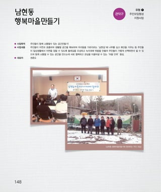 우마프전시물내지 2014.1.21 1:36 PM 페이지148

프린텍1

관악구

유형 ❶
주민모임형성
지원사업

● 사업목적

주민들이 함께 소통할수 있는 공간만들기!

● 사업내용

주민들이 자연과 호흡하며 생활할 공간을 확보하여 우리동을 가로지르는‘남현길’ 나무를 심고 화단을 가꾸는 등 주민들
에
이 일상생활에서 자연을 접할 수 있도록 둘레길을 조성하고 녹지대에 텃밭을 만들어 주민들이 가볍게 산책하면서 쉴 수 있
으며 함께 소통할 수 있는 공간을 만드는데 서로 협력하고 관심을 이끌어낼 수 있는
‘마을 단위’
형성.

● 대표자

권춘도

<남현동 행복마을만들기에 참여하는 주민 모습>

148

 