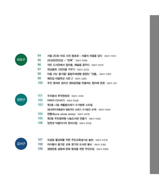 우마프전시물내지 2014.1.21 12:30 PM 페이지7

마포구

양천구

프린텍1

94
95
96
97
98
99
100

서울 2030 마포 사진 동호회 : 서울의 마을을 담다

101
102
103

우리동네 추억원정대

대표자 이하나

2030반찬모임 -“반쪽” 대표자 박태호
작은 도서관에서 엄마들, 예술을 꿈꾸다
연남올레 그린마을 가꾸기

대표자 박선하

대표자 김선갑

마을 사는 즐거움! 울림두레생협 합창단
『선물』 대표자 이영미
예찬길 마을학교 시즌 2

대표자 김광민

주민 참여로 성미산 생태공원을 만들려는 협의체 운영

아버지 다시서기

대표자 김우

대표자 나미화

대표자 문성준

목3동 나말 재활용쓰레기 수거분류 스타일
(동네취약계층들의 협동적인 쓰레기 수거방안 모색) 대표자 박성숙

104
105
106

강서구

한통속(one whole family)

107
108
109

되살림 활성화를 위한 주민교육(즐거운 불편)

대표자 김숙영

목2동 주민참여형 나눔도서관 만들기
양천넷 마을미디어 준비사업

대표자 박성은

대표자 최진웅

아이들이 즐거운 교육 찾기와 도서관 봉사

대표자 이진희
대표자 조정은

생명존중 공동체 문화 형성을 위한 주민모임

대표자 최영화

 
