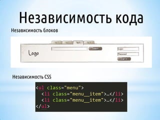 Независимость кода
Независимость блоков

Независимость CSS

 