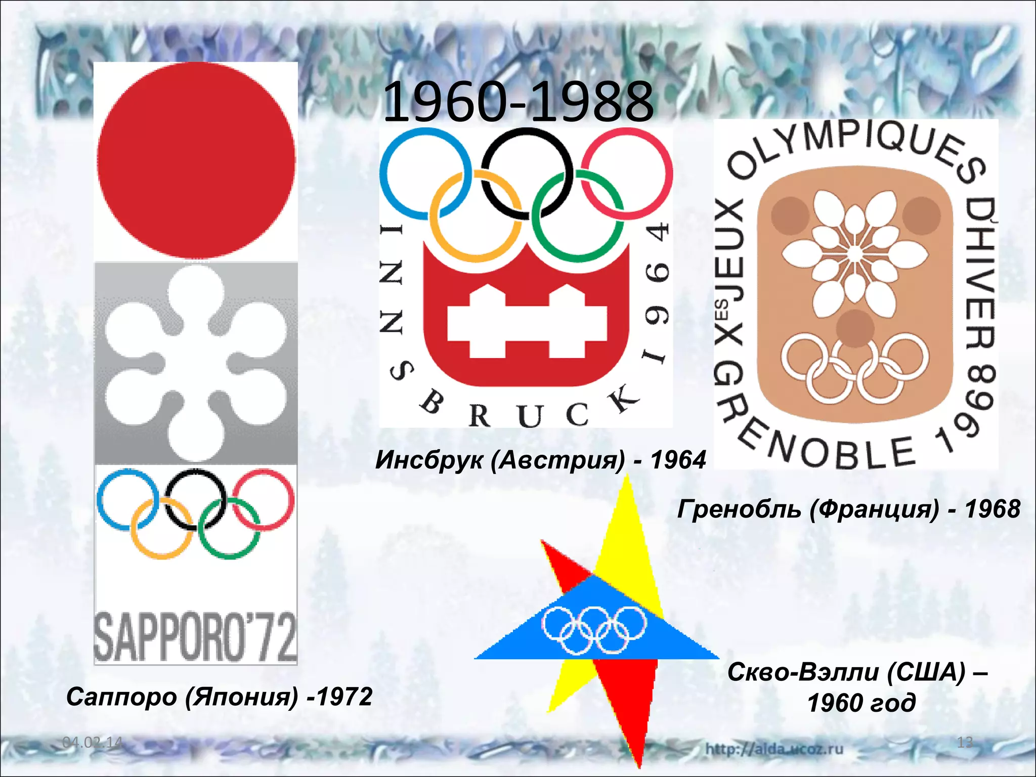 1960-1988

Инсбрук (Австрия) - 1964
Гренобль (Франция) - 1968

Саппоро (Япония) -1972
04.02.14

Скво-Вэлли (США) –
1960 год
13

 