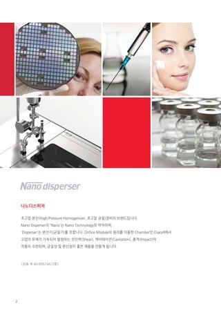나노디스퍼져
초고압 분산(High Pressure Homogenizer, 초고압 균질)장비의 브랜드입니다.
Nano Disperser의 'Nano'는 Nano Technology의 약자이며,
'Disperser'는 분산기(균질기)를 뜻합니다. Orifice Module의 원리를 이용한 Chamber인 Diacell에서
고압의 유체가 가속되어 발생하는 전단력(Shear), 캐비테이션(Cavitation), 충격(Impact)의
작용이 수반되며, 균질성 및 분산성이 좋은 제품을 만들게 됩니다.

<상표 제 40-00824423호>

2

 