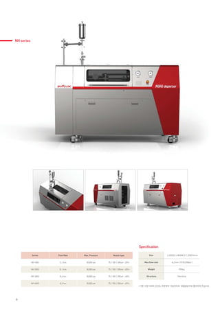 NH series

Specification
Series

Flow Rate

Max. Pressure

Nozzle type

Size

2,300(D) x 800(W) X 1,500(H)mm

NH 1000

1L /min

30,000 psi

75 / 100 / 200um <Z/Y>

Max.flow rate

4L/min ( @ 30,000psi )

NH 2000

2L /min

30,000 psi

75 / 100 / 200um <Z/Y>

Weight

950kg

NH 3000

3L/min

30,000 psi

75 / 100 / 200um <Z/Y>

Structure

Stainless

NH 4000

4L/min

30,000 psi

75 / 100 / 200um <Z/Y>
*기본 사양 이외의 조건도 주문제작 가능하므로 영업담당자와 협의하여 주십시오.

6

 