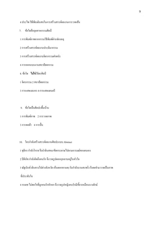 9

4 ประไพ ใช้เพียงดินสอในการสร้างสรรค์ผลงานการวาดเส้น
7.

ข้อใดคืออุตสาหกรรมศิลป์

่
1 การพิมพ์ภาพจากกรรมวิธีพิมพ์ผานช่องฉลุ
2 การสร้างสรรค์ผลงานประติมากรรม
3 การสร้างสรรค์ผลงานจิตรกรรมฝาผนัง
4 การออกแบบงานสถาปั ตยกรรม
8. ข้อใด ไม่ ใช่ วจิตรศิลป์
ิ
1 จิตรกรรม 2 สถาปั ตยกรรม
3 การแสดงละคร 4 การแสดงดนตรี

9. ข้อใดเป็ นศิลปะพื้นบ้าน
1 การพิมพ์ภาพ 2 การวาดภาพ
3 การทอผ้า 4 การปั้ น

10. ใครกาลังสร้างสรรค์ผลงานศิลปะแบบ Abstract
1 ชุลีกร กาลังโกรธ จึงนาดินสอมาขีดกระดาษไปตามอารมณ์ของตนเอง
่
2 ปิ ตินท กาลังคิดถึงคนรัก จึงวาดรู ปดอกกุหลาบอยูในหัวใจ
ั
3 ณัฐนันท์ เดินทางไปต่างจังหวัด เห็นดอกทานตะวันกาลังบานสะพรั่ง จึงจดจามาวาดเป็ นภาพ
ที่ประทับใจ
4 กรเดช ไม่พอใจที่ถูกคนรักหักอก จึงวาดรู ปหญิงคนรักมีเขี้ยวเหมือนนางยักษ์

 