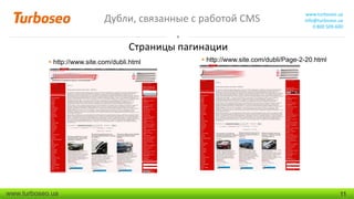 Дубли, связанные с работой CMS

www.turboseo.ua
info@turboseo.ua
0 800 509-600

Страницы пагинации
 http://www.site.com/dubli.html

www.turboseo.ua

 http://www.site.com/dubli/Page-2-20.html

11

 