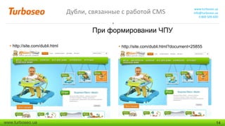 Дубли, связанные с работой CMS

www.turboseo.ua
info@turboseo.ua
0 800 509-600

При формировании ЧПУ
 http://site.com/dubli.html

www.turboseo.ua

 http://site.com/dubli.html?document=25855

14

 