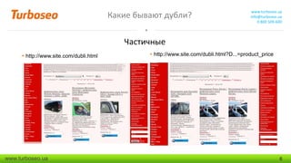 Какие бывают дубли?

www.turboseo.ua
info@turboseo.ua
0 800 509-600

Частичные
 http://www.site.com/dubli.html

www.turboseo.ua

 http://www.site.com/dubli.html?D...=product_price

6

 