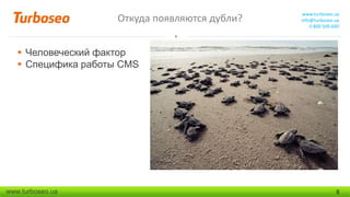 Откуда появляются дубли?

www.turboseo.ua
info@turboseo.ua
0 800 509-600

 Человеческий фактор
 Специфика работы CMS

www.turboseo.ua

8

 