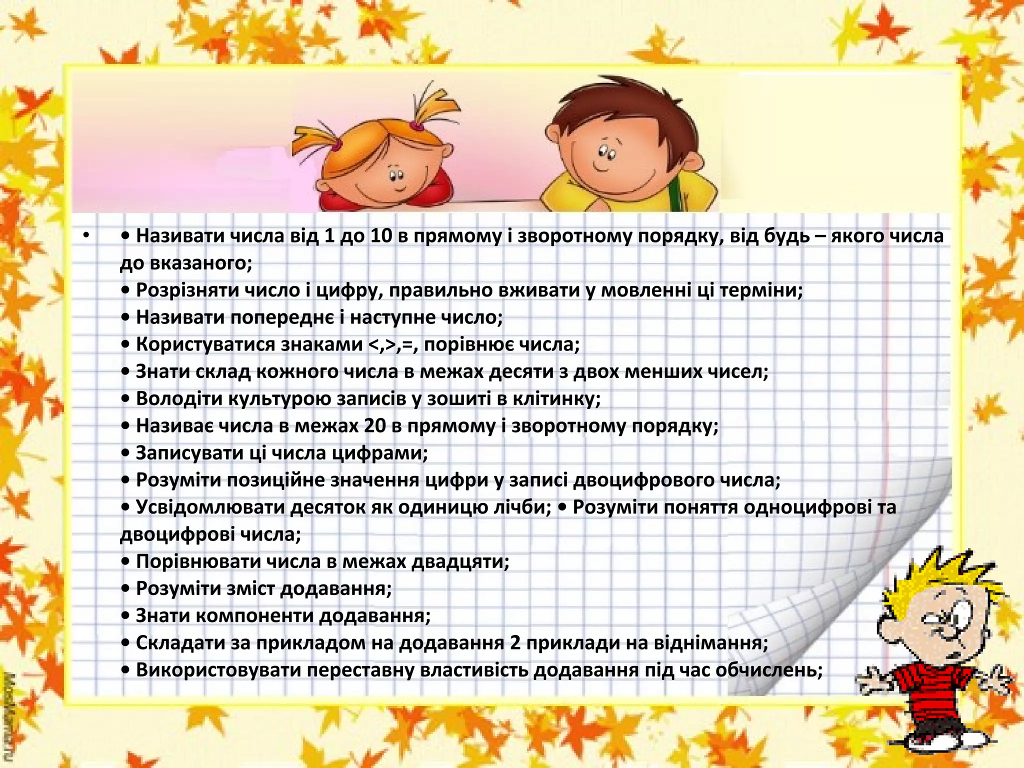 •

• Називати числа від 1 до 10 в прямому і зворотному порядку, від будь – якого числа
до вказаного;
• Розрізняти число і цифру, правильно вживати у мовленні ці терміни;
• Називати попереднє і наступне число;
• Користуватися знаками <,>,=, порівнює числа;
• Знати склад кожного числа в межах десяти з двох менших чисел;
• Володіти культурою записів у зошиті в клітинку;
• Називає числа в межах 20 в прямому і зворотному порядку;
• Записувати ці числа цифрами;
• Розуміти позиційне значення цифри у записі двоцифрового числа;
• Усвідомлювати десяток як одиницю лічби; • Розуміти поняття одноцифрові та
двоцифрові числа;
• Порівнювати числа в межах двадцяти;
• Розуміти зміст додавання;
• Знати компоненти додавання;
• Складати за прикладом на додавання 2 приклади на віднімання;
• Використовувати переставну властивість додавання під час обчислень;

 