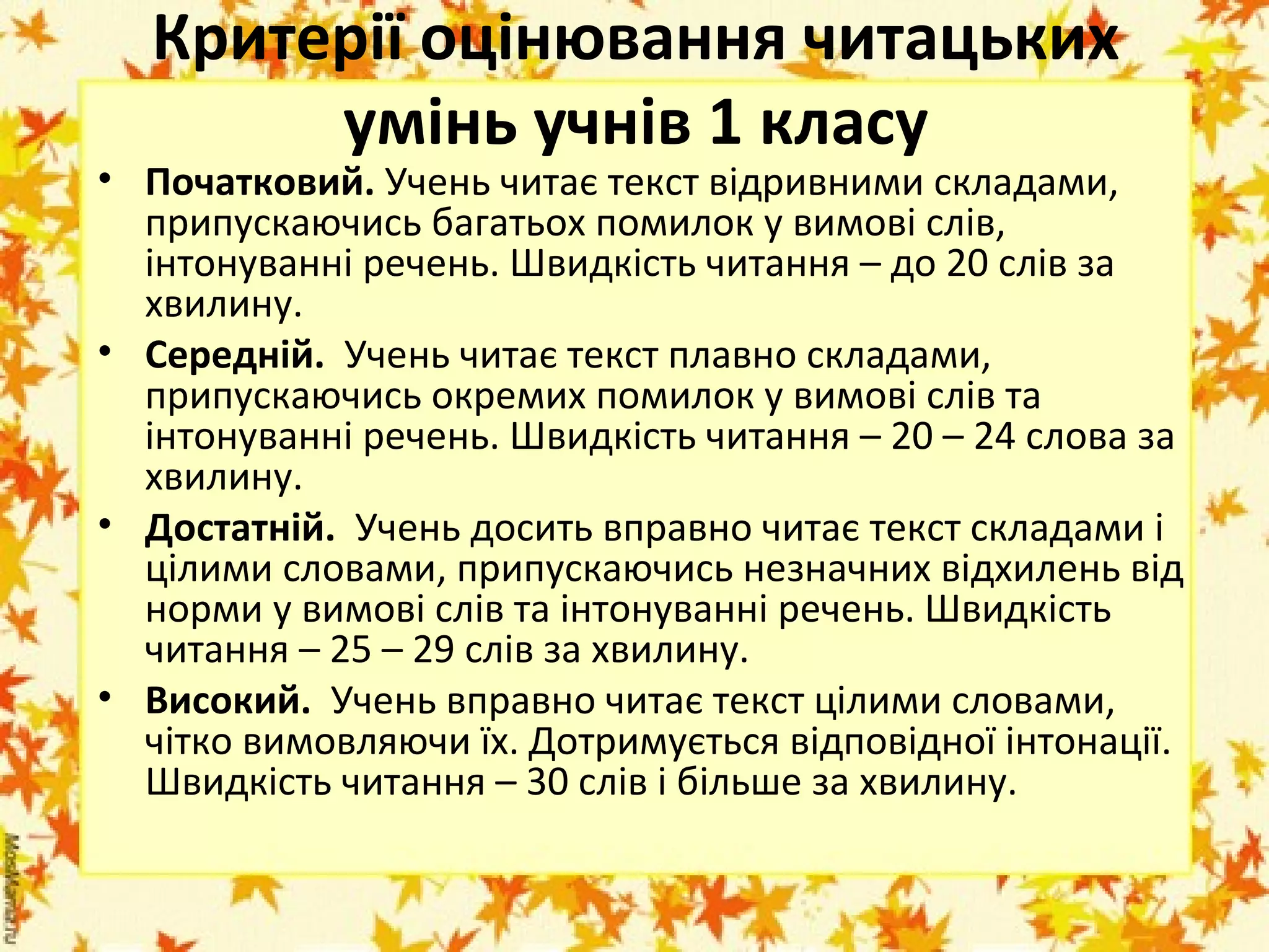 Критерії оцінювання читацьких 
умінь учнів 1 класу

• Початковий. Учень читає текст відривними складами,
припускаючись багатьох помилок у вимові слів,
інтонуванні речень. Швидкість читання – до 20 слів за
хвилину.
• Середній.  Учень читає текст плавно складами,
припускаючись окремих помилок у вимові слів та
інтонуванні речень. Швидкість читання – 20 – 24 слова за
хвилину.
• Достатній.  Учень досить вправно читає текст складами і
цілими словами, припускаючись незначних відхилень від
норми у вимові слів та інтонуванні речень. Швидкість
читання – 25 – 29 слів за хвилину.
• Високий.  Учень вправно читає текст цілими словами,
чітко вимовляючи їх. Дотримується відповідної інтонації.
Швидкість читання – 30 слів і більше за хвилину.

 