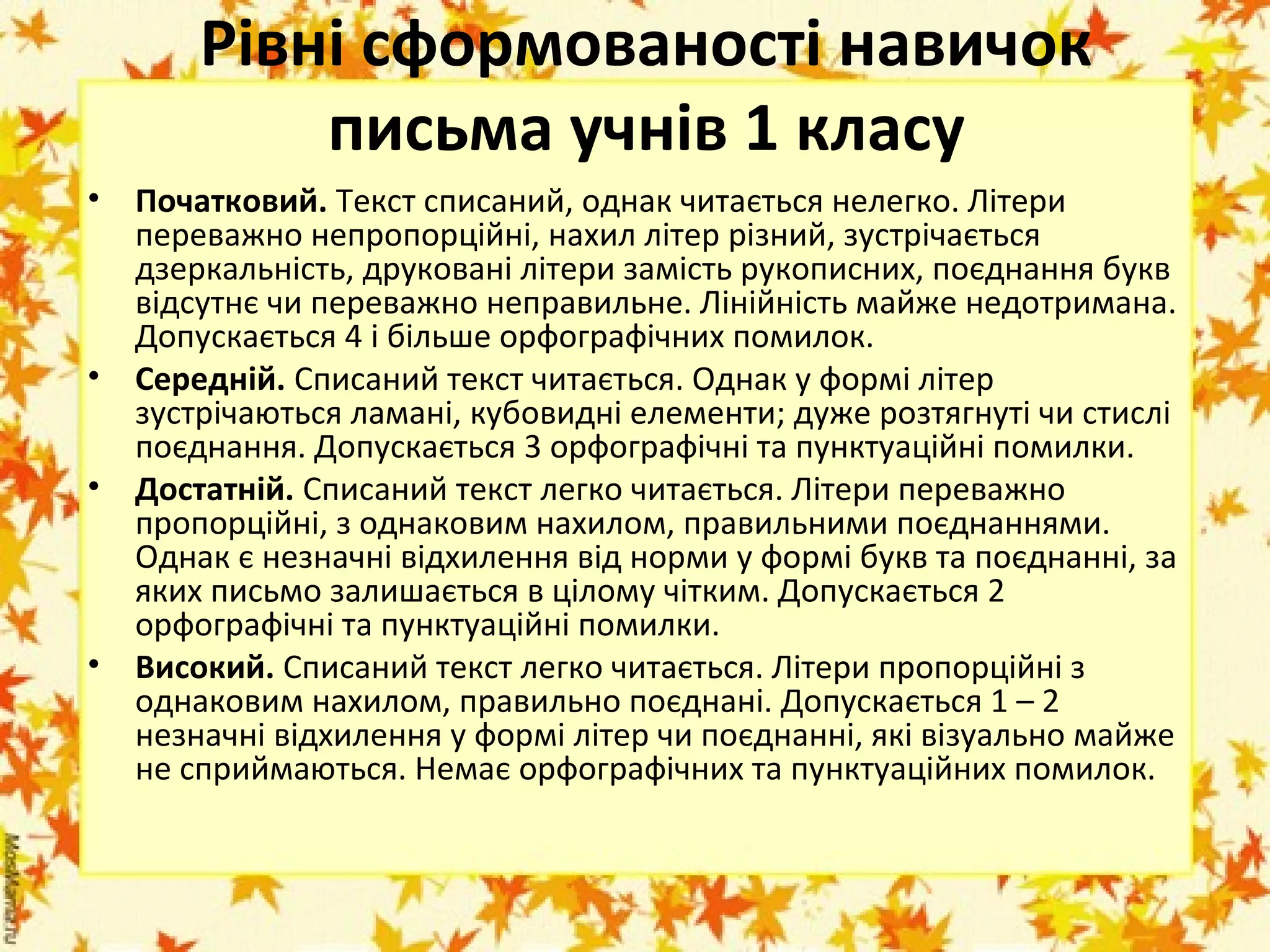 Рівні сформованості навичок 
письма учнів 1 класу
•

Початковий. Текст списаний, однак читається нелегко. Літери
переважно непропорційні, нахил літер різний, зустрічається
дзеркальність, друковані літери замість рукописних, поєднання букв
відсутнє чи переважно неправильне. Лінійність майже недотримана.
Допускається 4 і більше орфографічних помилок.
• Середній. Списаний текст читається. Однак у формі літер
зустрічаються ламані, кубовидні елементи; дуже розтягнуті чи стислі
поєднання. Допускається 3 орфографічні та пунктуаційні помилки.
• Достатній. Списаний текст легко читається. Літери переважно
пропорційні, з однаковим нахилом, правильними поєднаннями.
Однак є незначні відхилення від норми у формі букв та поєднанні, за
яких письмо залишається в цілому чітким. Допускається 2
орфографічні та пунктуаційні помилки.
• Високий. Списаний текст легко читається. Літери пропорційні з
однаковим нахилом, правильно поєднані. Допускається 1 – 2
незначні відхилення у формі літер чи поєднанні, які візуально майже
не сприймаються. Немає орфографічних та пунктуаційних помилок.

 