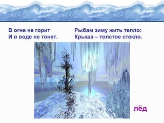 В огне не горит
И в воде не тонет.

Рыбам зиму жить тепло:
Крыша – толстое стекло.

лёд

 