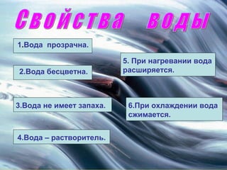 1.Вода прозрачна.
2.Вода бесцветна.

3.Вода не имеет запаха.

4.Вода – растворитель.

5. При нагревании вода
расширяется.

6.При охлаждении вода
сжимается.

 