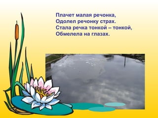 Плачет малая речонка,
Одолел речонку страх.
Стала речка тонкой – тонкой,
Обмелела на глазах.

 