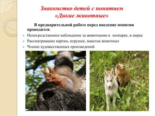 Знакомство детей с понятием
«Дикие животные»
В предварительной работе перед введение понятия
проводится:
Непосредственное наблюдение за животными в зоопарке, в цирке
 Рассматривание картин, игрушек, макетов животных
 Чтение художественных произведений


 